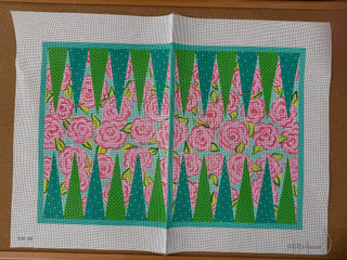 BGB-03 Backgammon Board Canvas – Lilly-inspired Roses – pinks, greens & turquoise