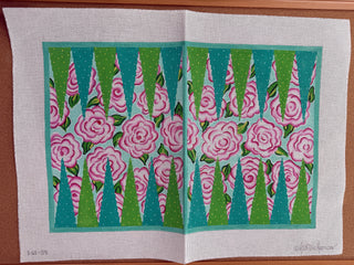 BGB-05 Backgammon Board Canvas – Lilly-inspired Roses – pinks, greens & turquoise 13 mesh