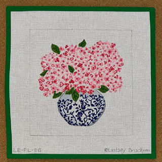 Blue Chinoiserie Pot with Pink Hydrangeas