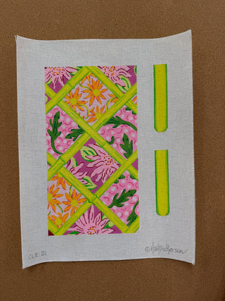 CLE-01  Envelope Clutch w/ Sides – Lilly-inspired Patchwork w/ Bamboo – pinks, greens & tangerine