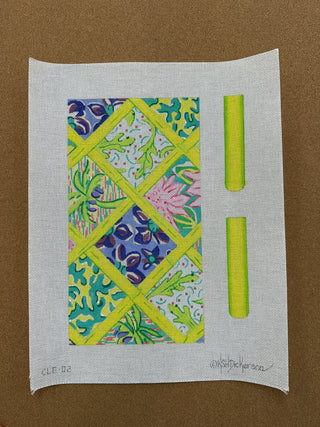 CLE-02  Envelope Clutch w/ Sides – Lilly-inspired Patchwork w/ Bamboo – blues, greens, periwinkle & lavender