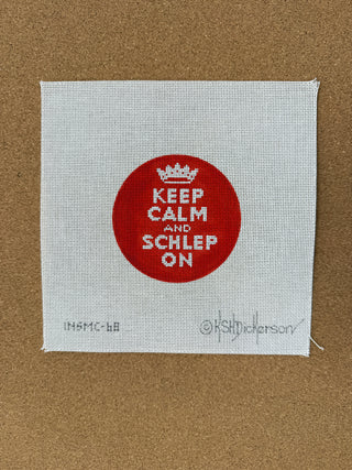 INSMC-68 Planet Earth & Lee 4” Round – Keep Calm & Schlep On – white on red