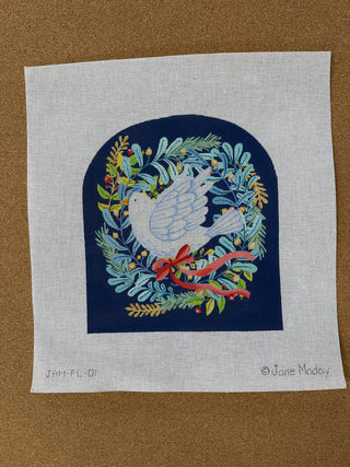 JAM-PL-01 Jane Maday – Dove w/ Winter Greenery & Ribbon on Night Sky