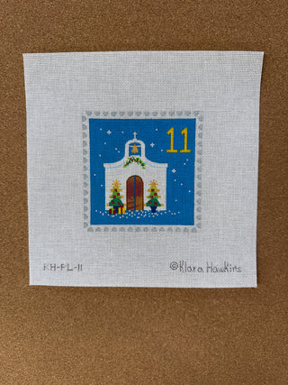 KH-PL-11 Klara Hawkins – Advent Stamp #11 – Chapel w/ Christmas Trees