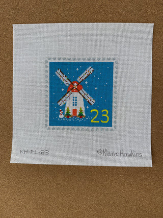 KH-PL-23 Klara Hawkins – Advent Stamp #23 – Windmill w/ Snowman
