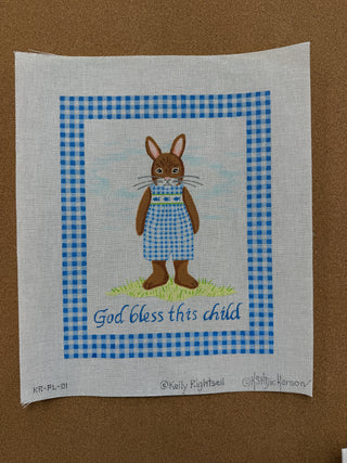 KR-PL-01 Kelly Rightsell – “God bless this child” Boy Bunny w/ Blue Gingham Border