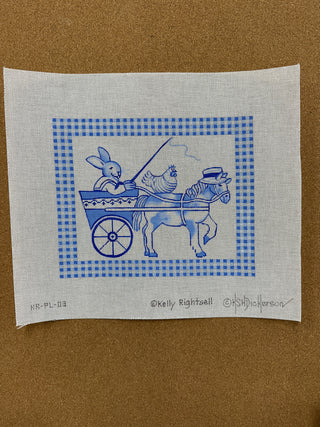 KR-PL-03 Kelly Rightsell – Blue Toile Bunny in Cart with Horse & Hen, Blue Gingham