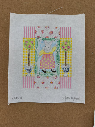 KR-PL-18 Kelly Rightsell – White Girl Bunny with Sugar Peas & Rose Topiaries