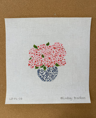 LB-PL-35 Lindsay Brackeen – Blue Chinoiserie Pot w/ Pink Hydrangeas