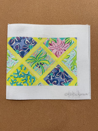 PL-22 Long Rect.– Lilly-inspired Lattice Patchwork – turquoise, periwinkle, violet & greens