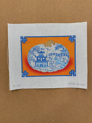 PL-469 Chinoiserie Porcelain Pumpkin w/ Chinese border – blues, oranges & gold