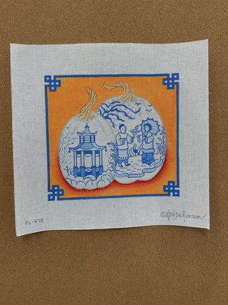 PL-470 Chinoiserie Porcelain Pumpkins w/ Chinese border – blues, oranges & gold