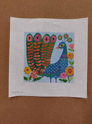 SHS-PL-10 Shannon Snow – Peacock w/ Floral Tail – on medium blue