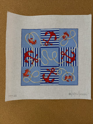 TTT-02 Tic Tac Toe Board – Nautical Anchors and Rope w/ Crabs – red, blues & tans