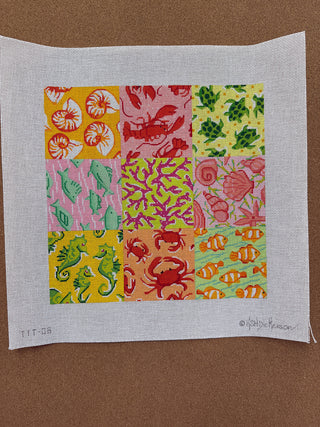 TTT-06 Tic Tac Toe Board – Lilly-inspired Seaside Patchwork – yellows, oranges, pinks & greens