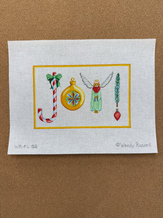 WR-PL-02 Wendy Russell – JOY! w/ candy cane, bauble ornament, kitty angel, pine sprig & lightbulb
