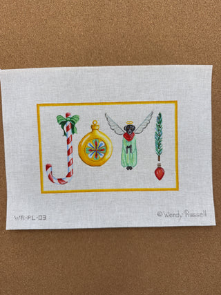 WR-PL-03 Wendy Russell – JOY! w/ candy cane, bauble ornament, black lab angel, pine sprig & lightbulb