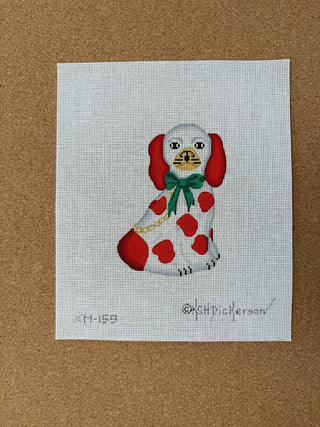 XM-159 Mini Staffordshire Dog – White & Green w/ Gold Chain & Sparkly Red Bow (facing left)