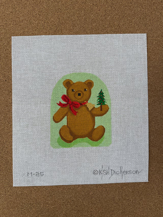 XM-25 Christmas Ornament – Victorian Teddy Bear w/ Red Bow, Bell & Tree – on light green