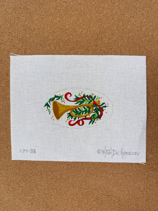 XM-36 Christmas Ornament – Toy Trumpet w/ Red Ribbon & Greenery