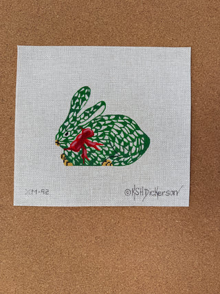 XM-92 Christmas Ornament – Herend-style Crouching Bunny w/ Ribbon – green w/ red & gold